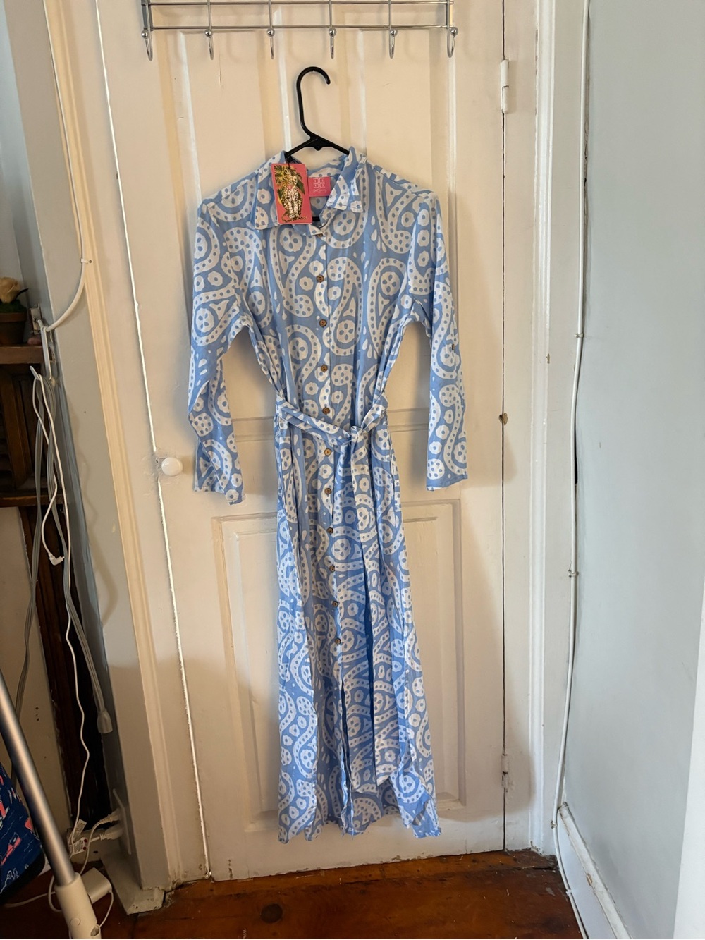 Just Don Light Blue Paisley Maxi Dress with Tie Waist Belt